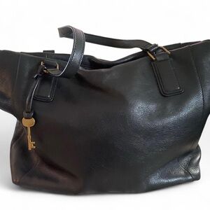Fossil Dark Leather Tote with Key Charm